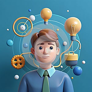 Young man with tangled thoughts. Business problem solving concept, online communication problem and question resolution. 3d vector