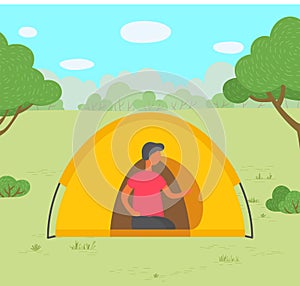Young Man in Tent Camping in Forest Vector