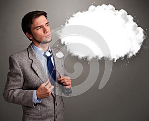 Young man thinking about cloud speech or thought bubble with cop