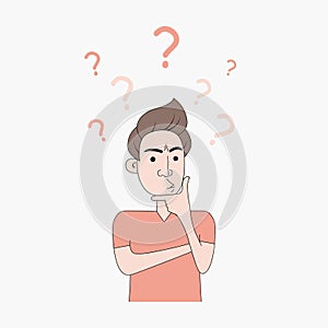 A young man thinks by applying a finger to his chin. Male is thinking with question mark and troubled expression. Vector.