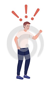 Young man threatening with fist semi flat color vector character