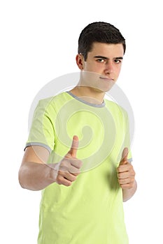 Young man thumbs up white background