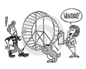 Young man about to be hired for a hamster wheel job in black and white