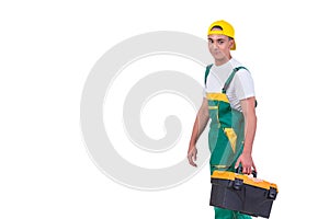 The young man with toolkit toolbox isolated on white