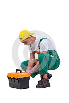 The young man with toolkit toolbox isolated on white