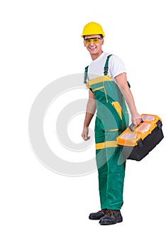 The young man with toolkit toolbox isolated on white