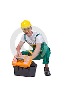 The young man with toolkit toolbox isolated on white