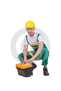 The young man with toolkit toolbox isolated on white