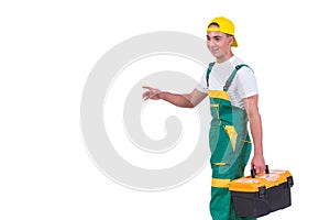 The young man with toolkit toolbox isolated on white