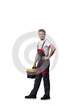 The young man with toolkit toolbox isolated on white