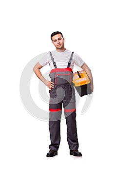 The young man with toolkit toolbox isolated on white