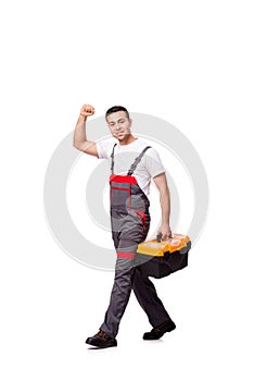 The young man with toolkit toolbox isolated on white