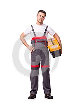 The young man with toolkit toolbox isolated on white