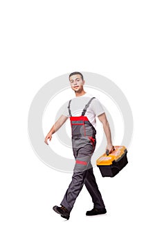 The young man with toolkit toolbox isolated on white