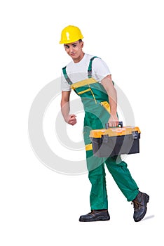 The young man with toolkit toolbox isolated on white