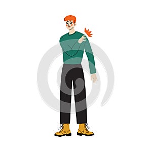 Young Man Touching His Shoulder, Guy Feeling Pain in Body Caused By Illness or Injury Vector Illustration