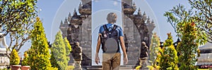 Young man tourist in budhist temple Brahma Vihara Arama Banjar Bali, Indonesia BANNER, LONG FORMAT