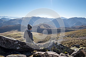 Young man, tourist, rocks, sport, rest and mountain