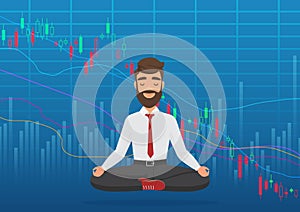 Young man trader meditating under falling crypto or stock market exchange chart. Business trader, finance stock market