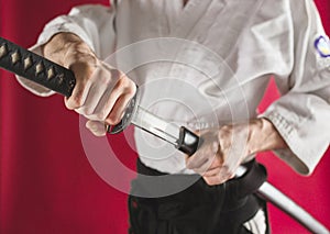 The young man are training Aikido at studio