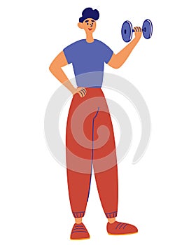 Young man training with Dumbbell. Smiling Man Holding his Hand Up with Dumbbell. Exercise for Arm Strength. Exercises, fitness,