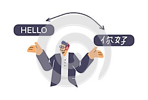 Young man translator with headset flat style, vector illustration