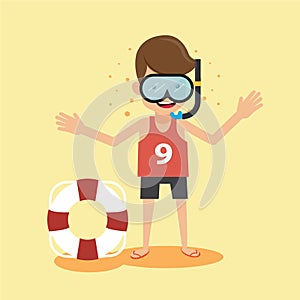 Young Man Traveler Summer Beach with Snorkeling and Life Saver. Concept Travel Vector Illustration Flat Style.