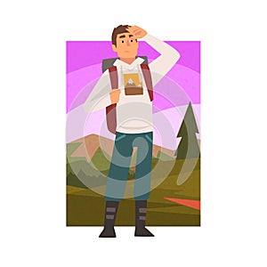 Young Man Travelling with Backpack, Male Traveller Looking into Distance in Summer Mountain Landscape, Outdoor Activity