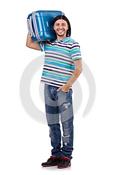 Young man travelling with suitcases isolated