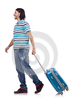 Young man travelling with suitcases isolated