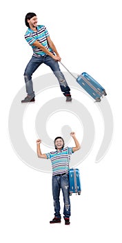 Young man travelling with suitcases isolated on white