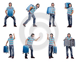 Young man travelling with suitcases isolated on white