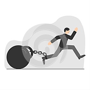 A young man tries to escape with a huge weight on a chain. A symbol of limiting beliefs. Life restrictions. Vector illustration