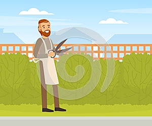 Young Man Trimming Hedge with Shears, Male Gardener Working in Garden Vector Illustration