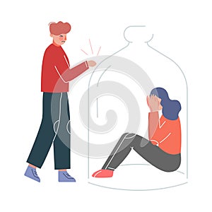 Young Man Trying to Reach on a Girl Sitting under Glass Dome, Unrequited Love, Depression, Loneliness Vector