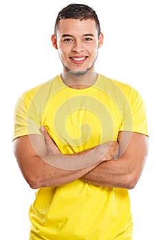 Young man upper body portrait smiling people isolated on white photo