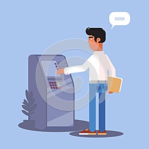 Young man using cashpoint flat color illustration