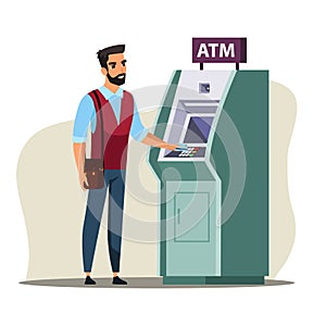 Young man using cashpoint flat color illustration