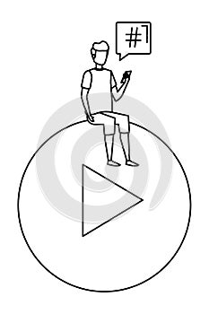 young man using cellphone seated in play button with speech bubble