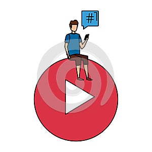young man using cellphone seated in play button with speech bubble