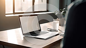 Young man using laptop computer with blank empty mockup screen. Business man working at office. Freelance, student lifestyle, e