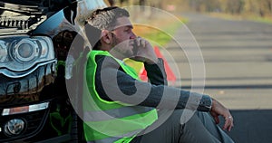 Young man is using the phone in asking for help when his car is broken, man in a green safety vest talking on cell phone