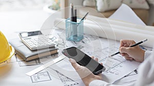 Young man using Smartphone plotting a system of building structures in blueprints