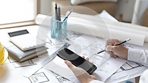 Young man using Smartphone plotting a system of building structures in blueprints