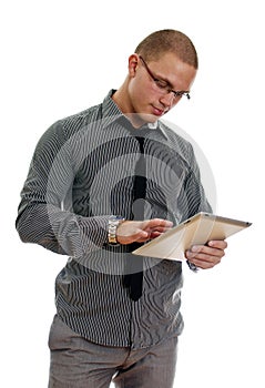 Young man using tablet pc.
