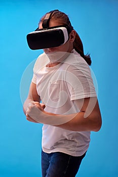 Young man using virtual reality headset. VR gadgets