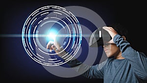 Young man using virtual reality headset.future technology online digital hi-tech