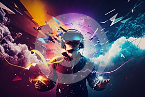 Young man using virtual reality headset. VR glasses, futuristic, technology, online education, education, video game concept.