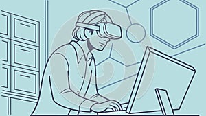 Young Man Using VR Headset and Computer, vector design Generative AI