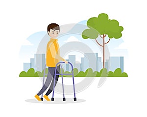 Young Man Using Walkers while Walking on the Street, Disabled Person Strolling in Park Cartoon Vector Illustration